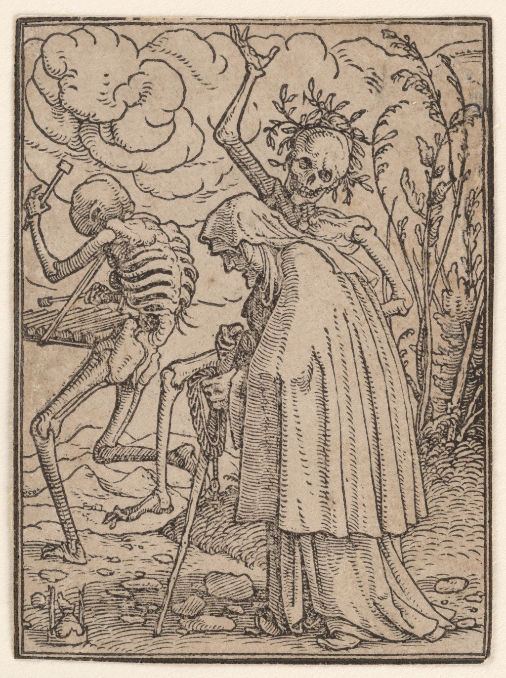 The heavy fall of the woman’s cloak contrasts with the skeletons’ movements. The Old Woman, from the Dance of Death, designed by Hans Holbein the Younger and cut by Hans Lützelburger. The Metropolitan Museum of Art, Rogers Fund, 1919, 19.57.25.